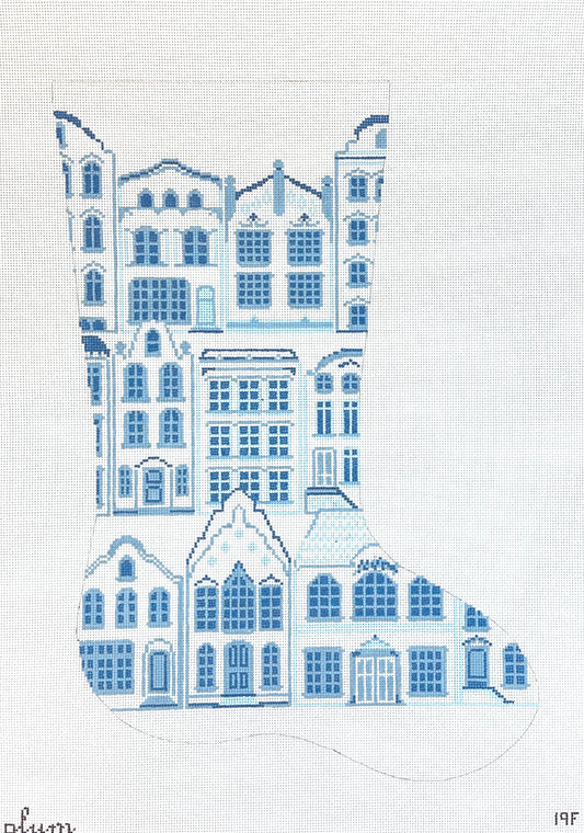 The Plum Stitchery Delft House Stocking Needlepoint Canvas