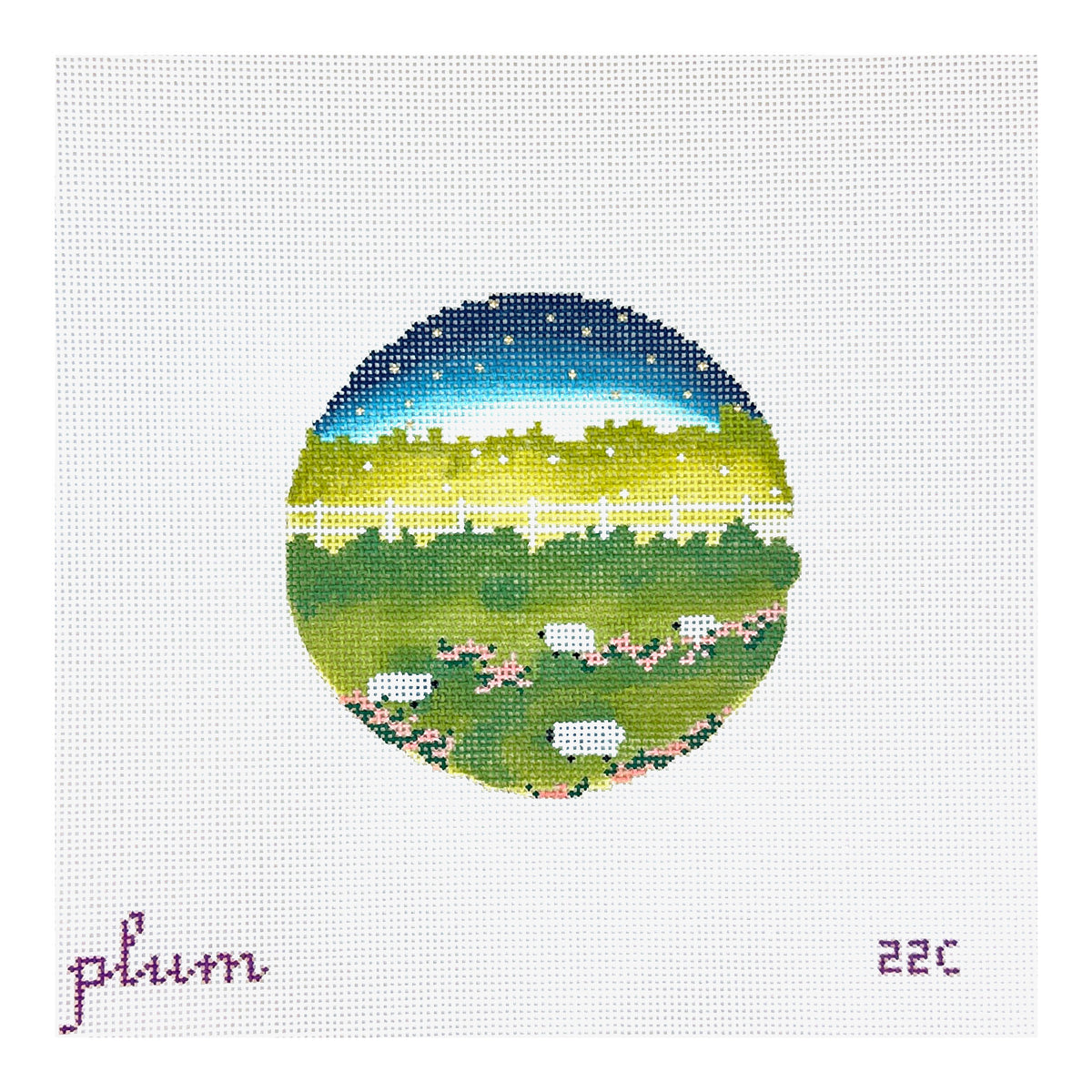 The Plum Stitchery Sheep On a Hillside Needlepoint Canvas
