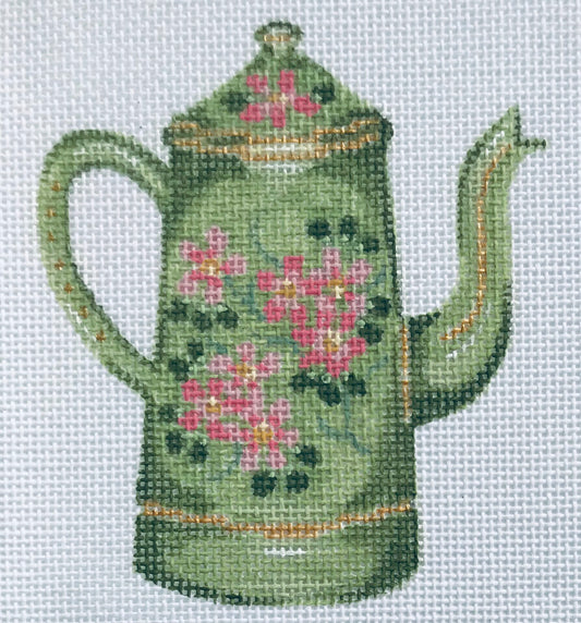 The Plum Stitchery Green Tea Kettle Needlepoint Canvas