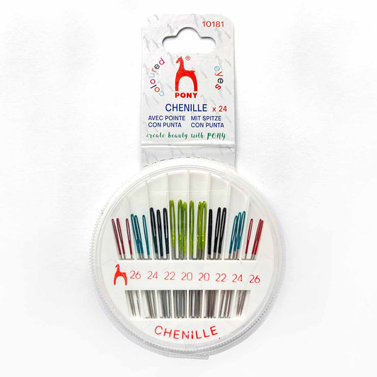 Pony Black chenille embroidery needles in a round compact, sizes 20–26, with colored eyes.