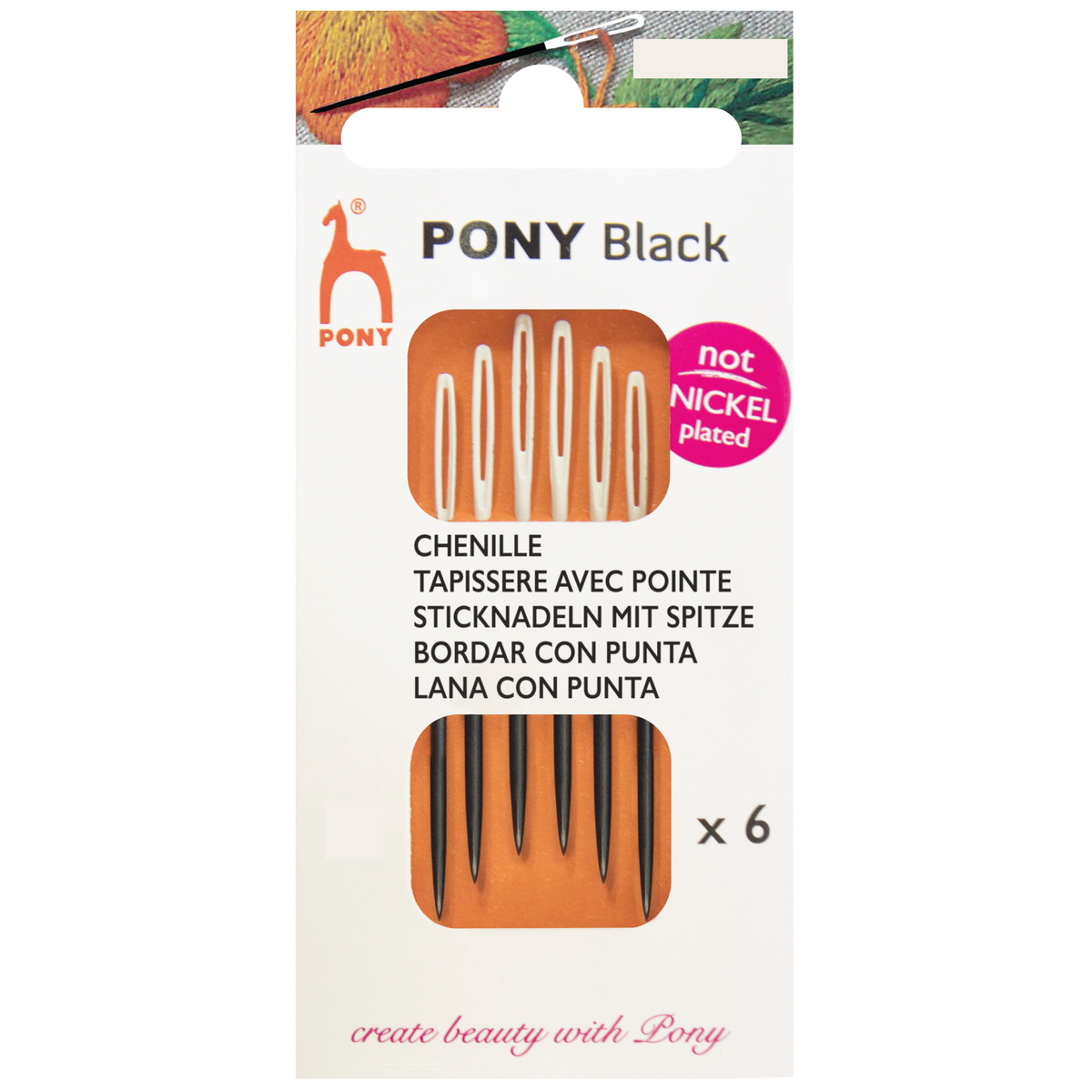 PONY Black Chenille Embroidery Needles with White Eye - Size 18
