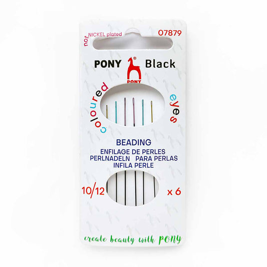 Package of Pony Black beading needles, sizes 10/12, with six needles featuring colored eyes.