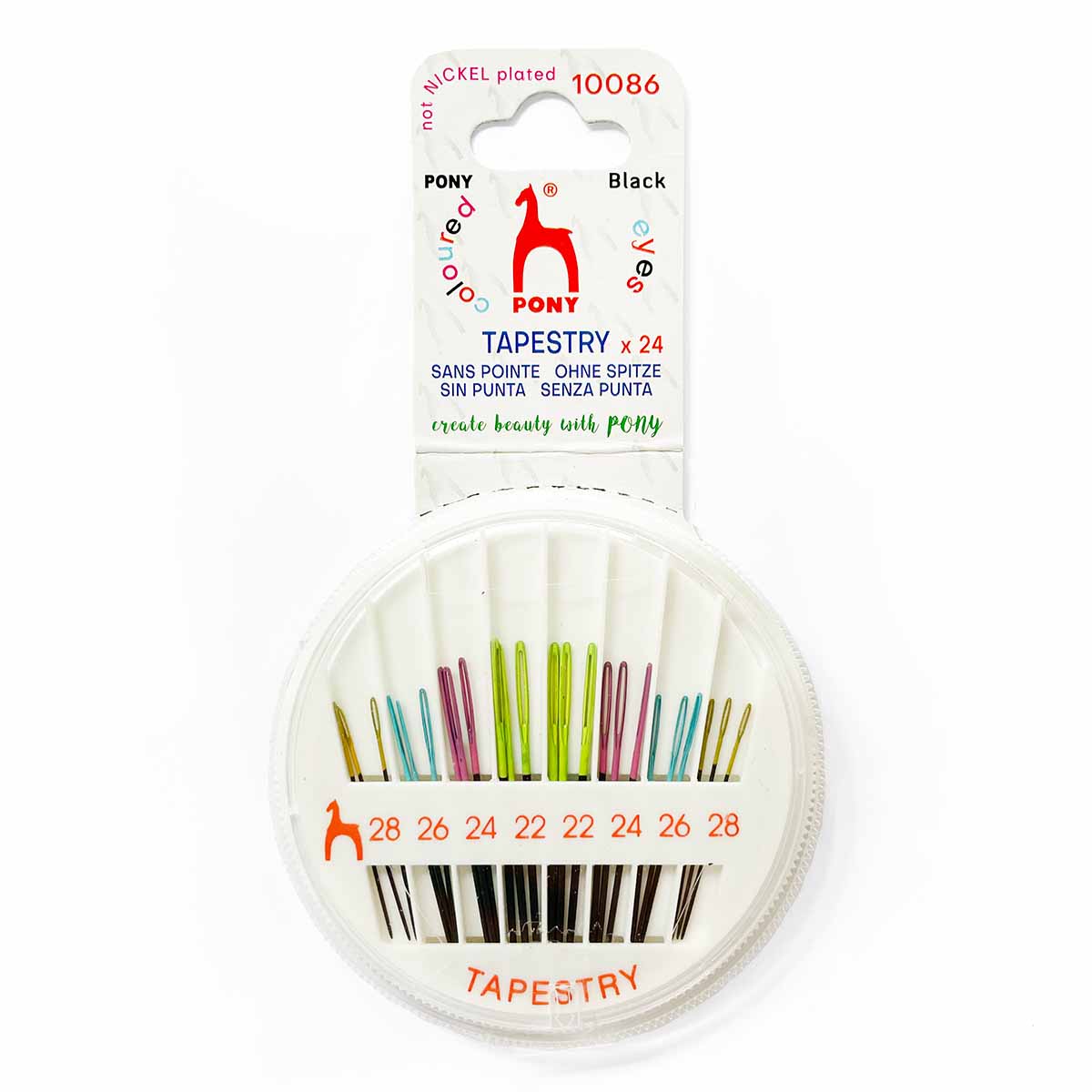 Package of Pony Black tapestry and embroidery needles with colored eyes in a round compact, sizes 22–28.