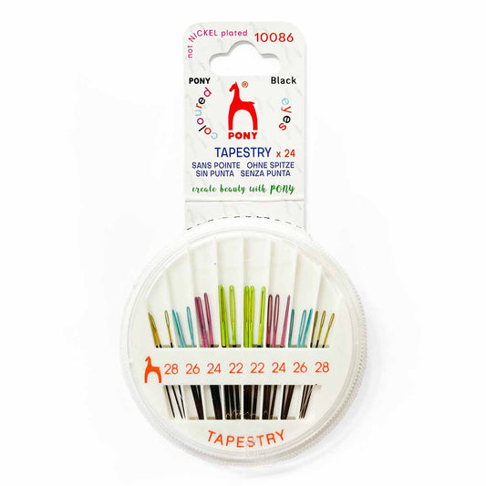 Package of Pony Black tapestry and embroidery needles with colored eyes in a round compact, sizes 22–28.