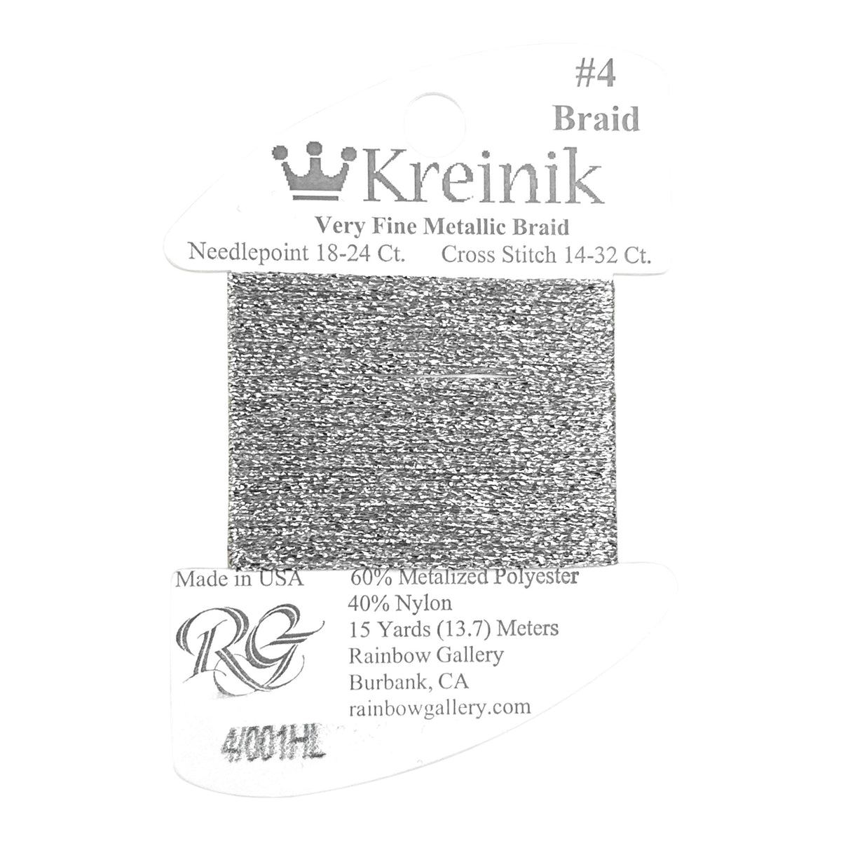 Rainbow Gallery Kreinik Braid #4 - 001HL Silver Hi Lustre
