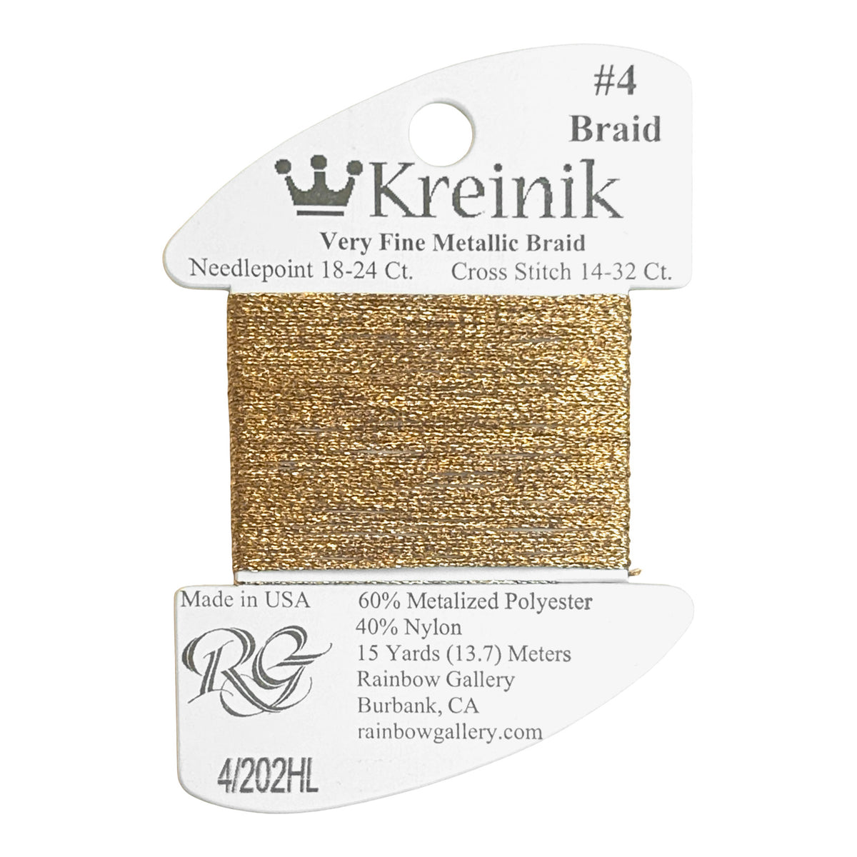Rainbow Gallery Kreinik Braid #4 - 202HL Aztec Gold Hi Lustre