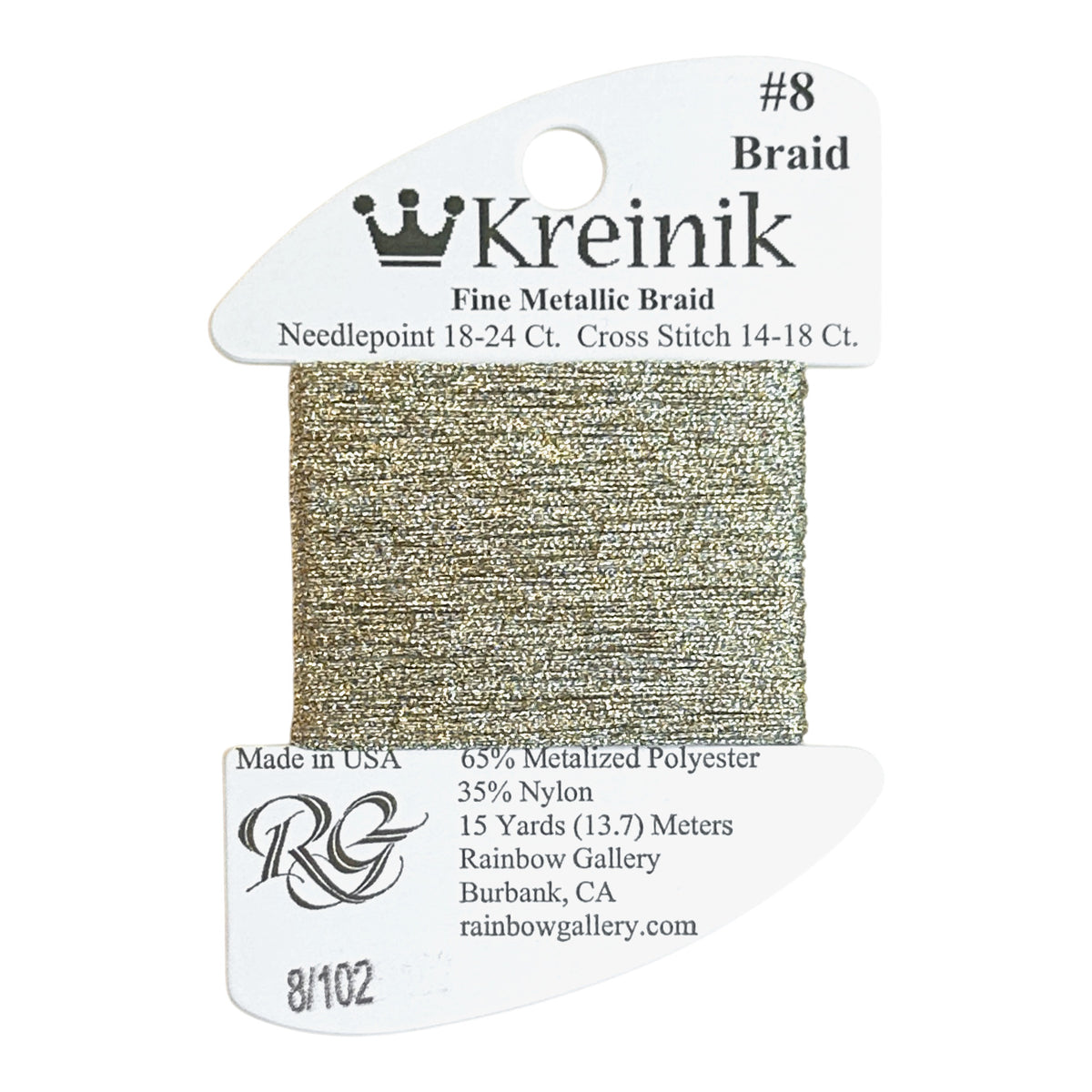 Rainbow Gallery Kreinik Fine Braid #8 - 102 Vatican Gold