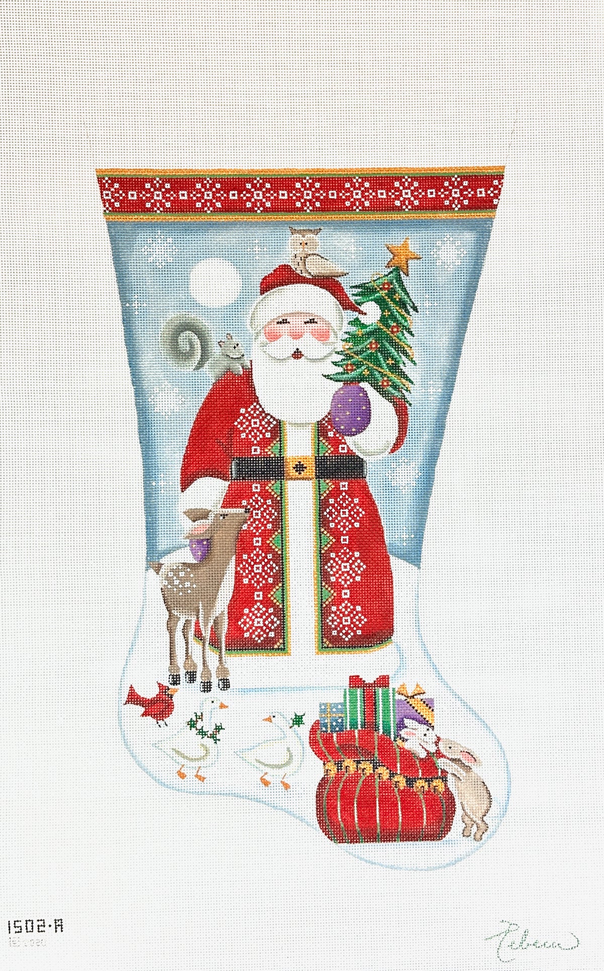 Rebecca Wood Designs Forest Friends Santa Stocking Needlepoint Canvas - 13M Toe Left