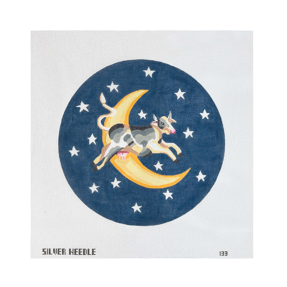 Silver Needle Cow Over The Moon Large Round Needlepoint Canvas