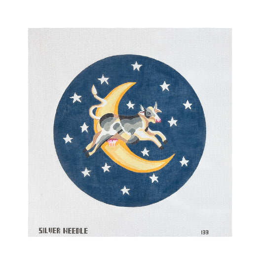 Silver Needle Cow Over The Moon Large Round Needlepoint Canvas