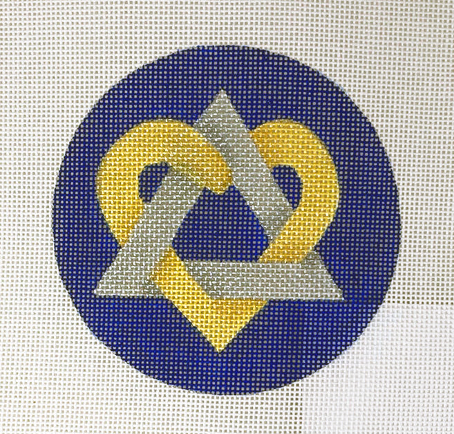 Kate Dickerson Needlepoint Collections Intertwined Heart/Star of David - Golds & Silvers on Deep Blue Needlepoint Canvas