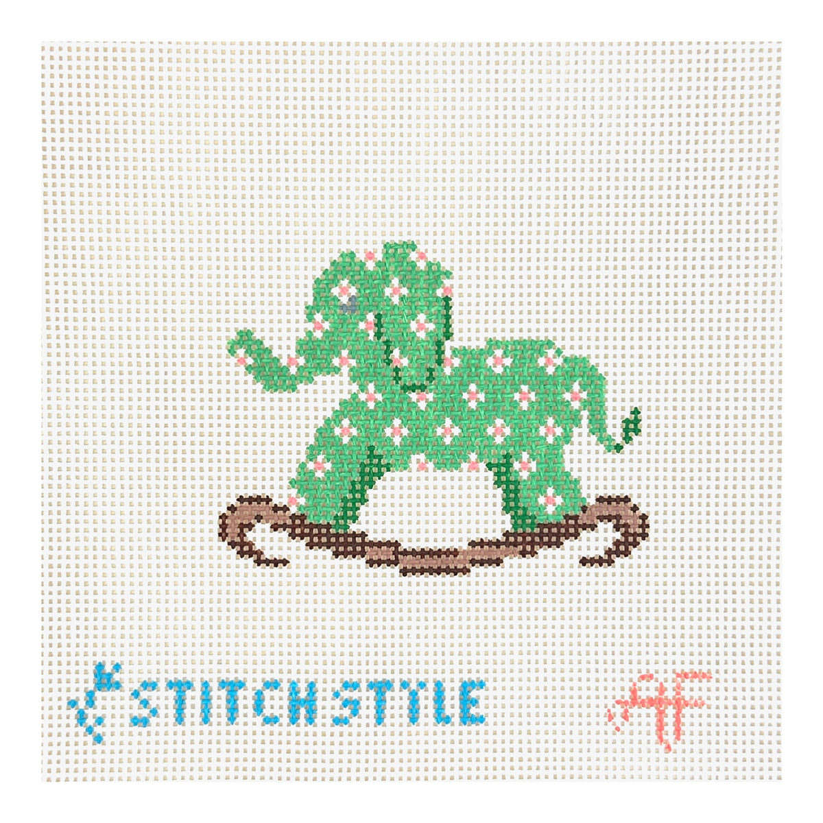 Stitch Style Green Floral Elephant Rocker Needlepoint Canvas