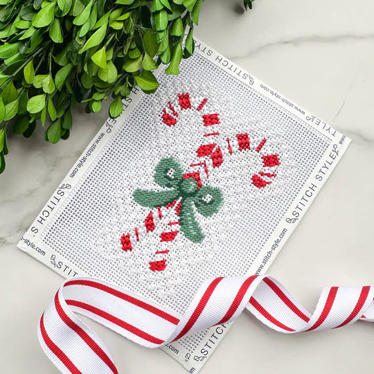 Stitch Style Candy Canes with Green Bow Needlepoint Canvas