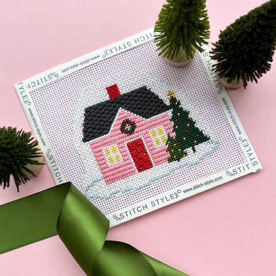 Stitch Style Pink Christmas House Needlepoint Canvas