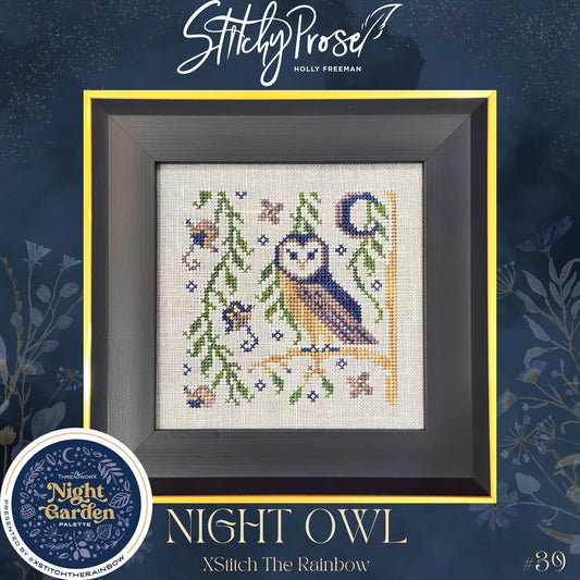 Cross stitch of a night owl framed by leafy vines, stars, and a crescent moon.