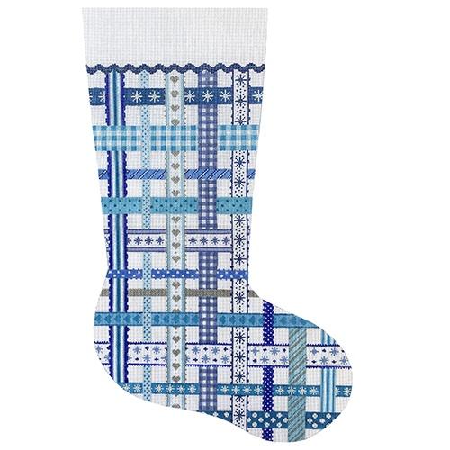 Kate Dickerson Needlepoint Collections Stocking Woven Ribbons Winter Blues Needlepoint Canvas