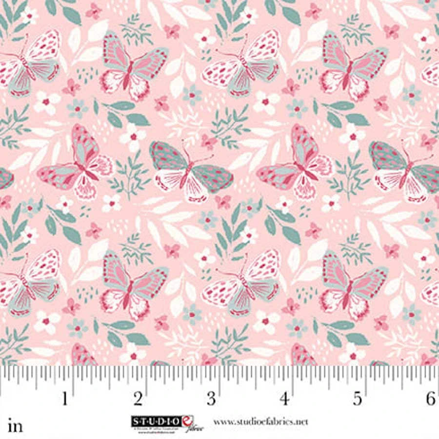 Studio E Fabrics Maureen Fiorellini Beautiful Bowquets Butterflies Fabric in Light Pink and Green