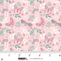 Studio E Fabrics Maureen Fiorellini Beautiful Bowquets Butterflies Fabric in Light Pink and Green