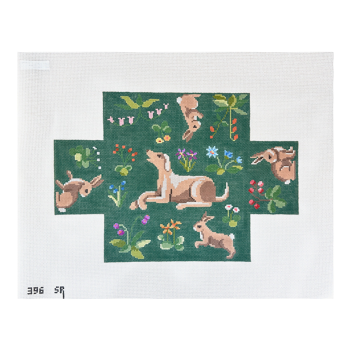 Susan Roberts Needlepoint Cluny Rabbits and Hound Brick Cover Needlepoint Canvas