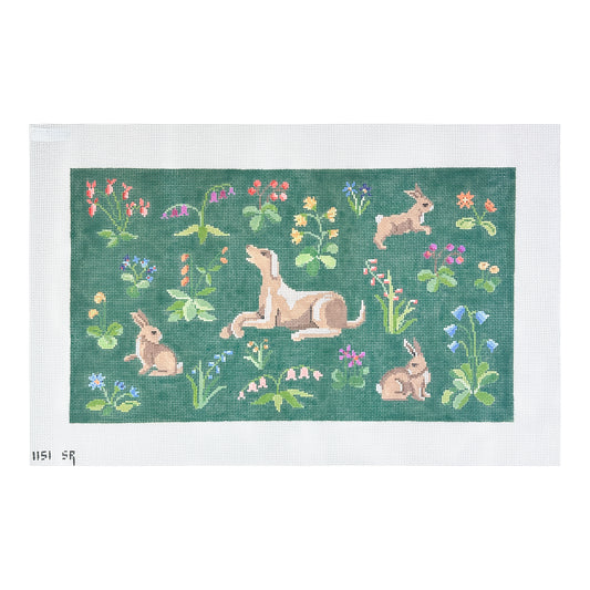 Susan Roberts Needlepoint Cluny Rabbits and Hound Needlepoint Canvas - Rectangle
