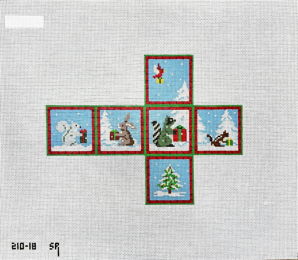 Susan Roberts Needlepoint Forest Animals with Presents Cube Ornament Needlepoint Canvas