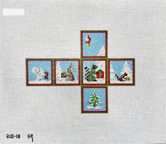 Susan Roberts Needlepoint Forest Animals with Presents Cube Ornament Needlepoint Canvas