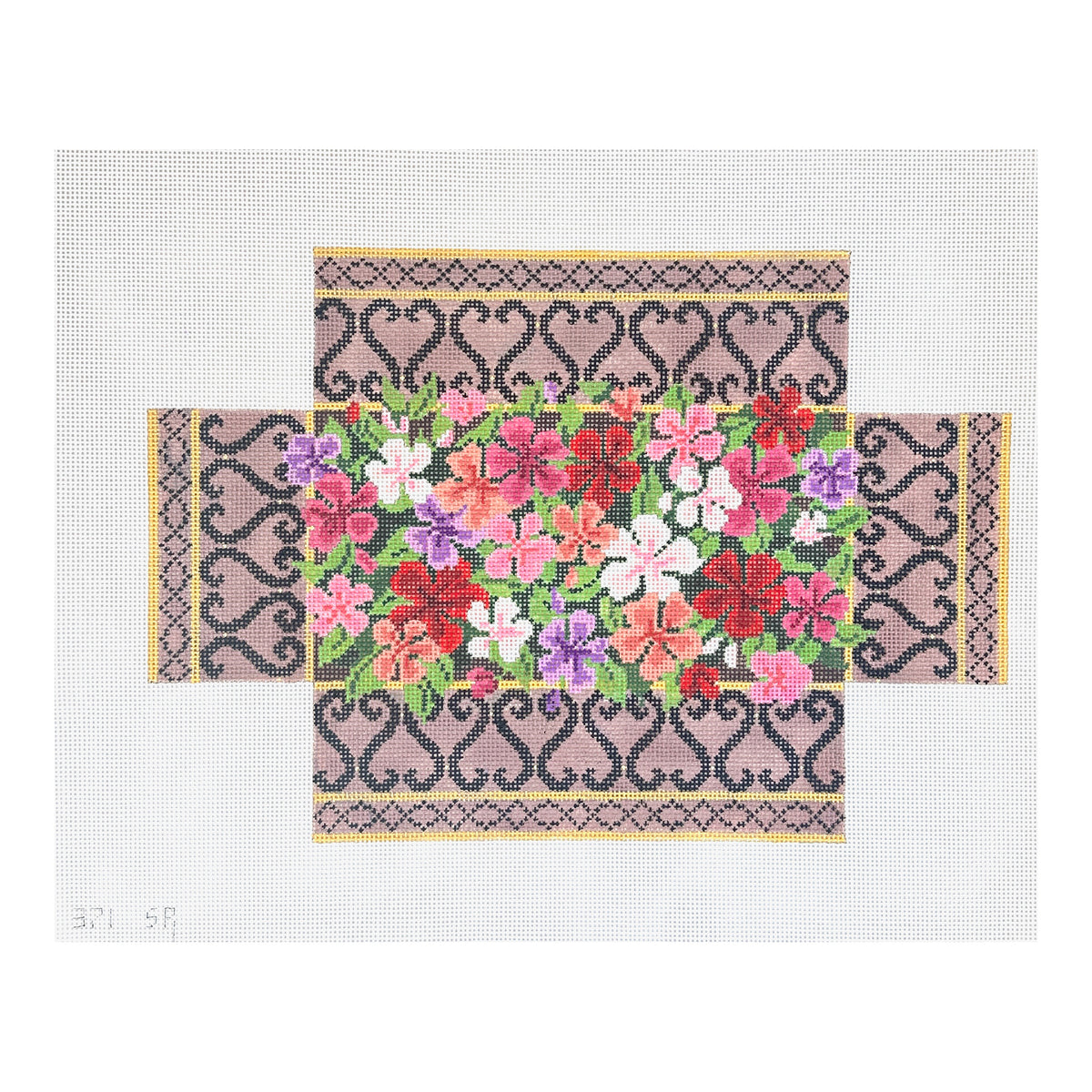 Susan Roberts Needlepoint Impatiens in Brass and Iron Grillwork Brick Needlepoint Canvas