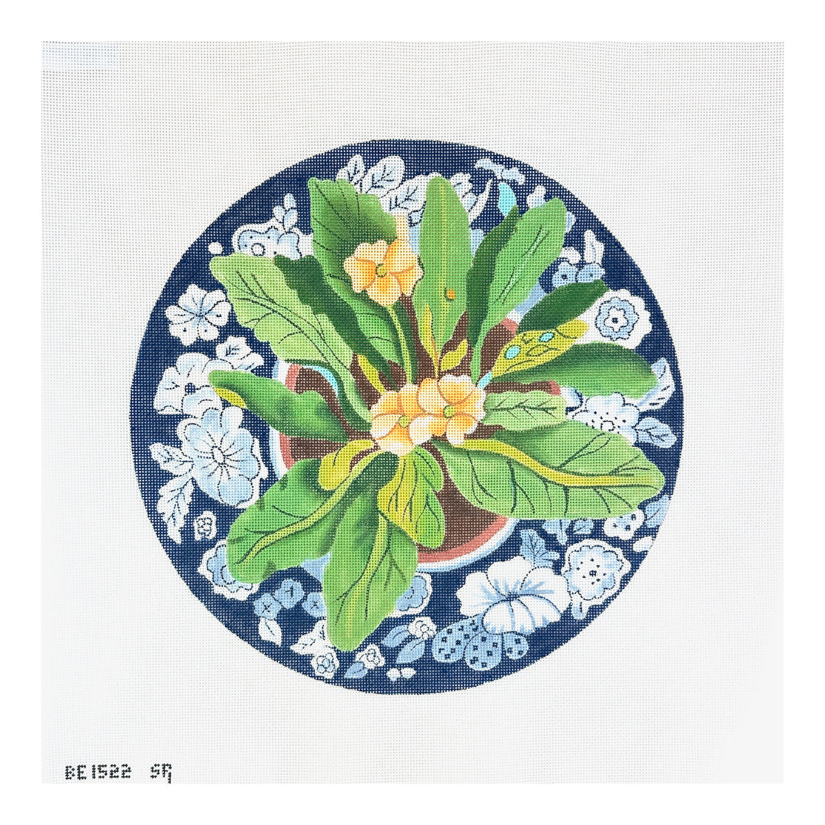 Susan Roberts Needlepoint Barbara Eyre Primrose on Blue Plate Needlepoint Canvas