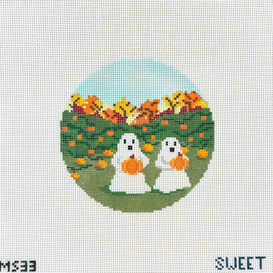 The Gingham Stitchery Ghosts Picking Pumpkins Needlepoint Canvas