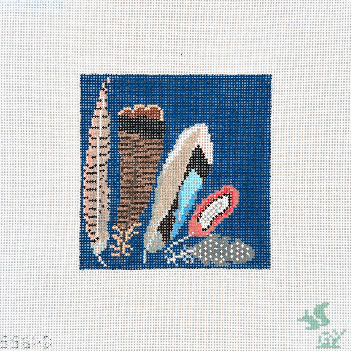 The Gingham Stitchery The Squirrel And The Snail Game Bird Feather Coaster Blue Needlepoint Canvas