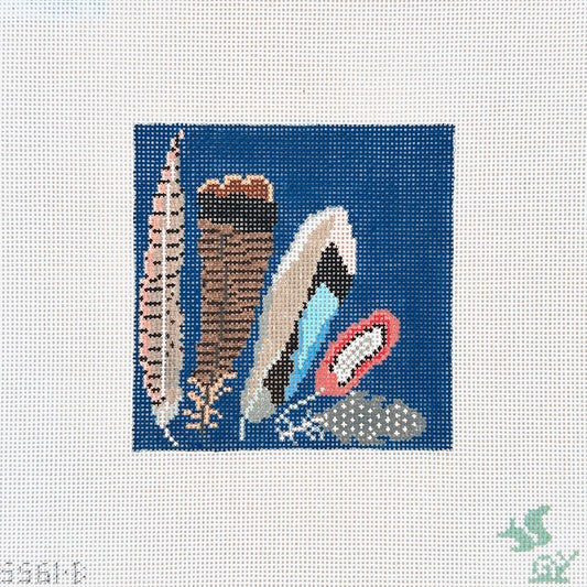 The Gingham Stitchery The Squirrel And The Snail Game Bird Feather Coaster Blue Needlepoint Canvas