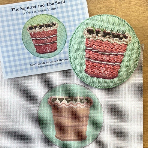 The Gingham Stitchery The Squirrel And The Snail Garden Icons Terracotta Planter Needlepoint Canvas
