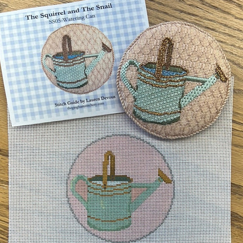 The Gingham Stitchery The Squirrel And The Snail Garden Icons Watering Can Needlepoint Canvas
