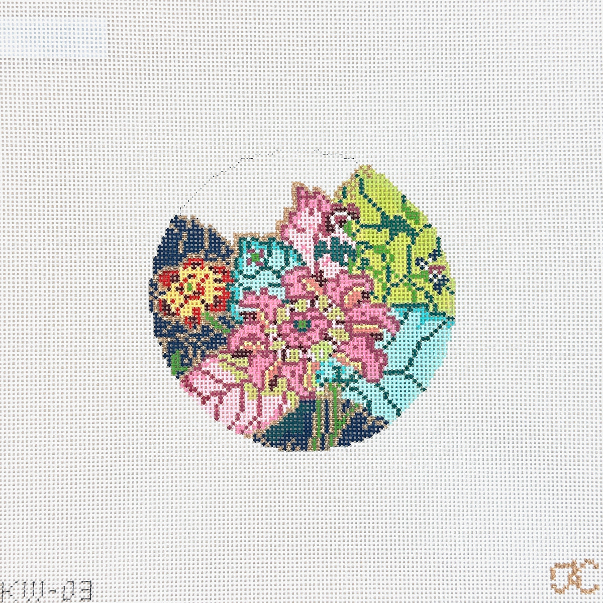 The Gingham Stitchery Kate Woodward Tobacco Leaf Round Needlepoint Canvas