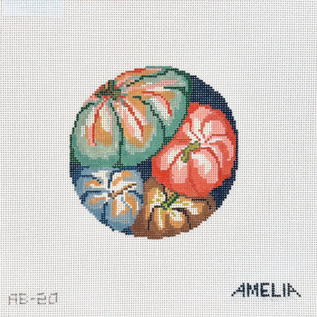 The Gingham Stitchery Amelia Bond Designs Tumbling Pumpkins Round Needlepoint Canvas