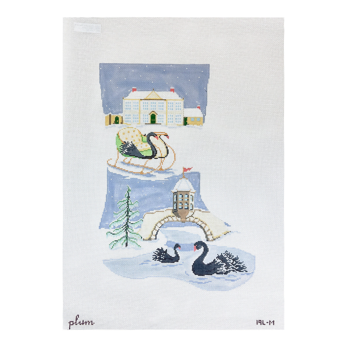 The Plum Stitchery Black Swan Midi Stocking Needlepoint Canvas