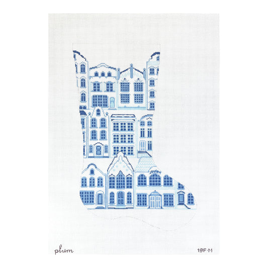 The Plum Stitchery Delft House Stocking Midi Needlepoint Canvas