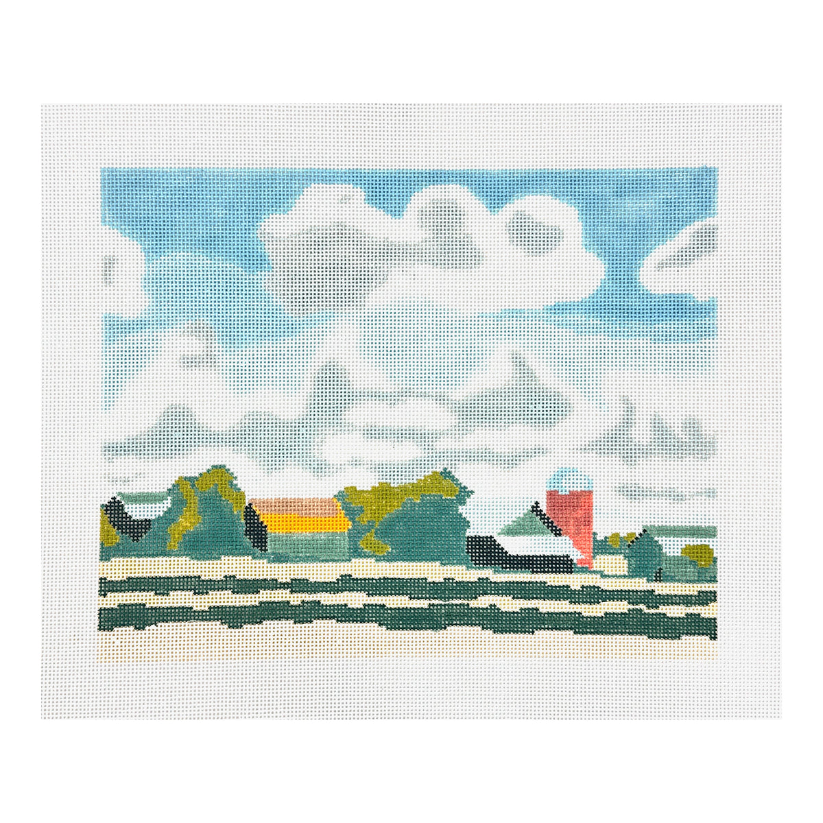 The Plum Stitchery Leland Gal Country Farm Clouds Needlepoint Canvas