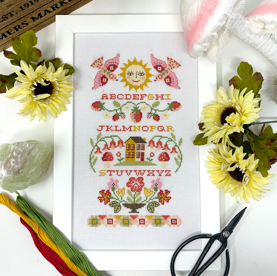 Tiny Modernist Strawberry Band Sampler Cross Stitch Pattern