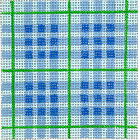 Kate Dickerson Needlepoint Collections Insert Madras Plaid Light Blues and Emerald Specify Letter Or Blank Needlepoint Canvas