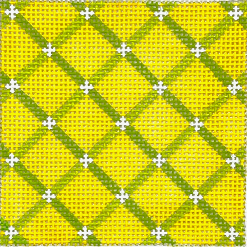 Kate Dickerson Needlepoint Collections Insert Criss Cross Grid Limes on Yellow with White Diamonds Specify Letter Or Blank Needlepoint Canvas