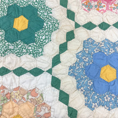 Vintage 1930s-40s Green Grandmothers Flower Garden Patchwork Quilt