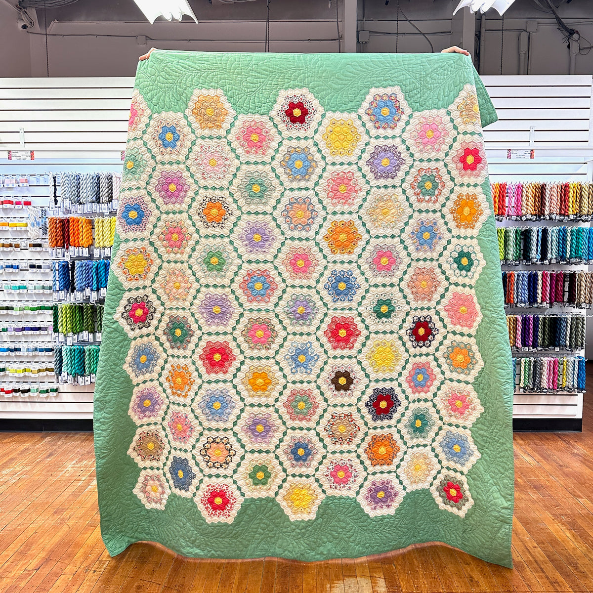 Vintage 1930s-40s Green Grandmothers Flower Garden Patchwork Quilt