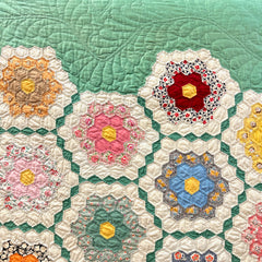 Vintage 1930s-40s Green Grandmothers Flower Garden Patchwork Quilt