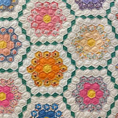 Vintage 1930s-40s Green Grandmothers Flower Garden Patchwork Quilt