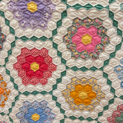 Vintage 1930s-40s Green Grandmothers Flower Garden Patchwork Quilt