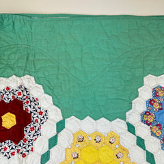Vintage 1930s-40s Green Grandmothers Flower Garden Patchwork Quilt