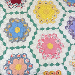 Vintage 1930s-40s Green Grandmothers Flower Garden Patchwork Quilt