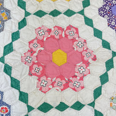 Vintage 1930s-40s Green Grandmothers Flower Garden Patchwork Quilt