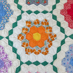 Vintage 1930s-40s Green Grandmothers Flower Garden Patchwork Quilt
